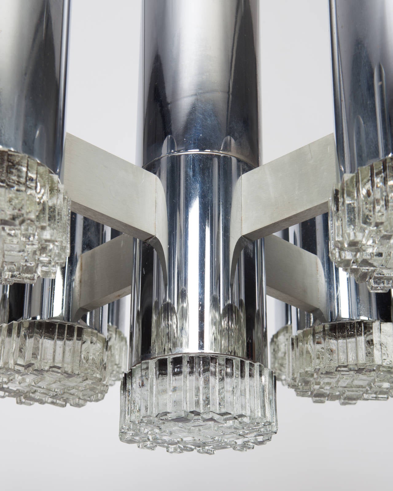  Glass, Chrome, and Aluminum Chandelier by Italian Designer Gaetano Sciolari In Good Condition In New York, NY
