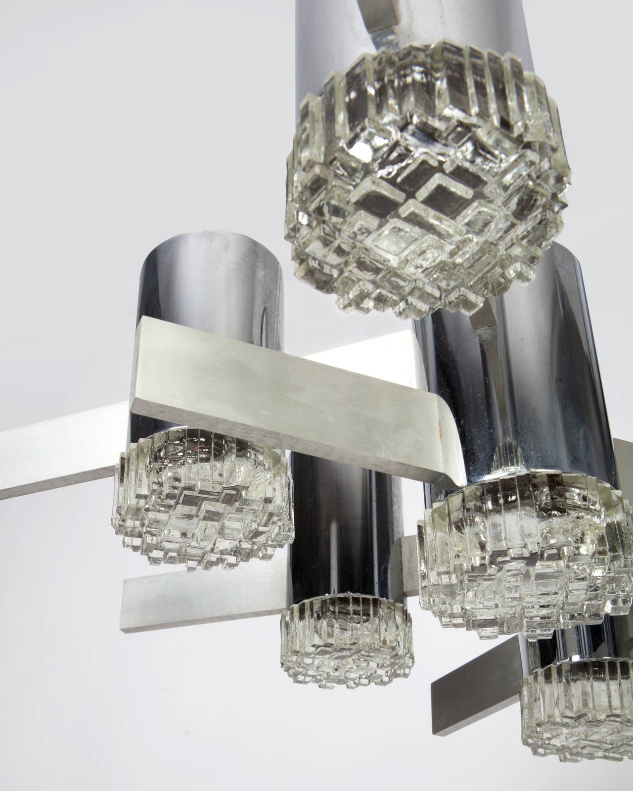 Brushed  Glass, Chrome, and Aluminum Chandelier by Italian Designer Gaetano Sciolari