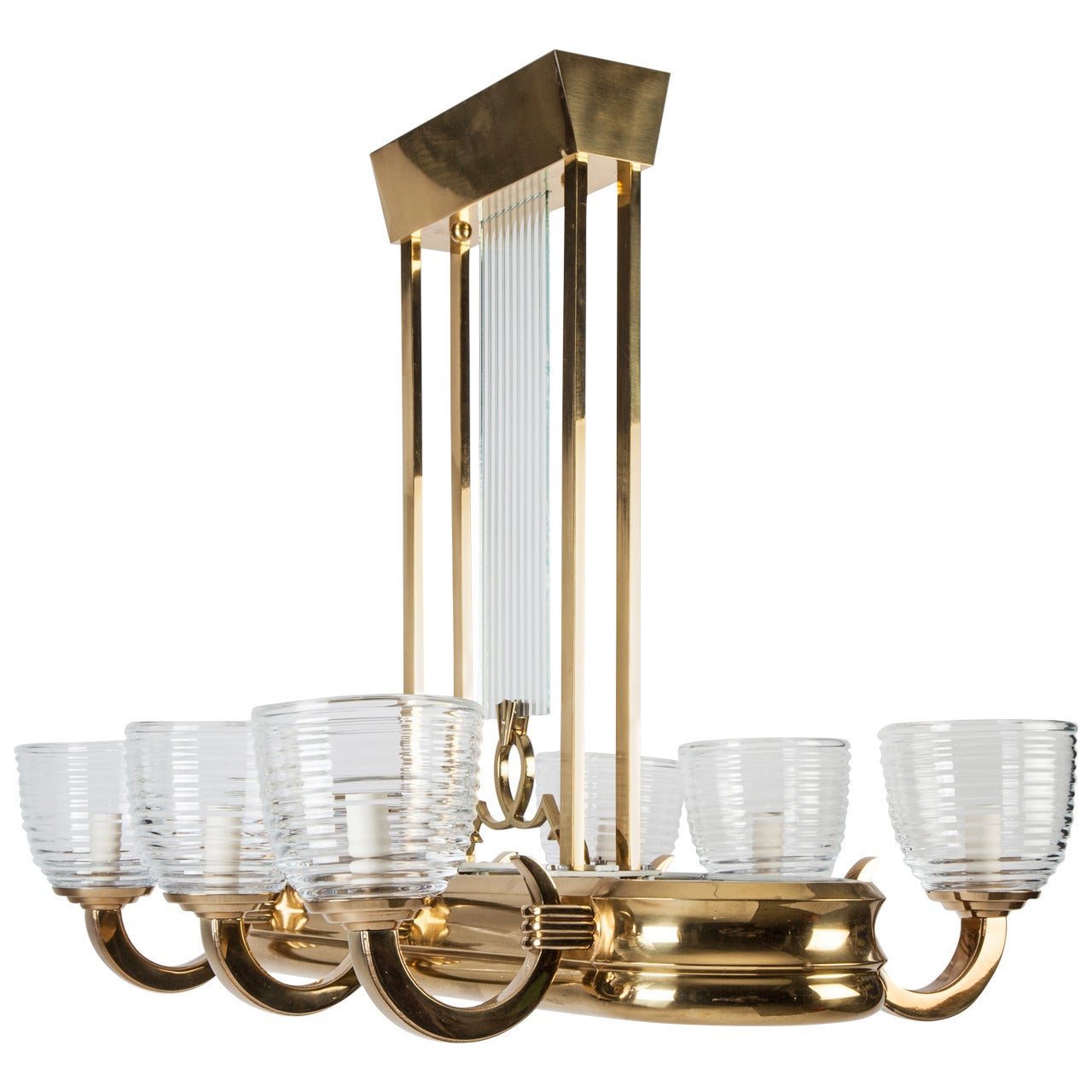 Art Deco Linear Chandelier in Solid Brass with Six Arms & Handblown Glass Shades For Sale