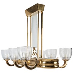 Antique Art Deco Linear Chandelier in Solid Brass with Six Arms & Handblown Glass Shades