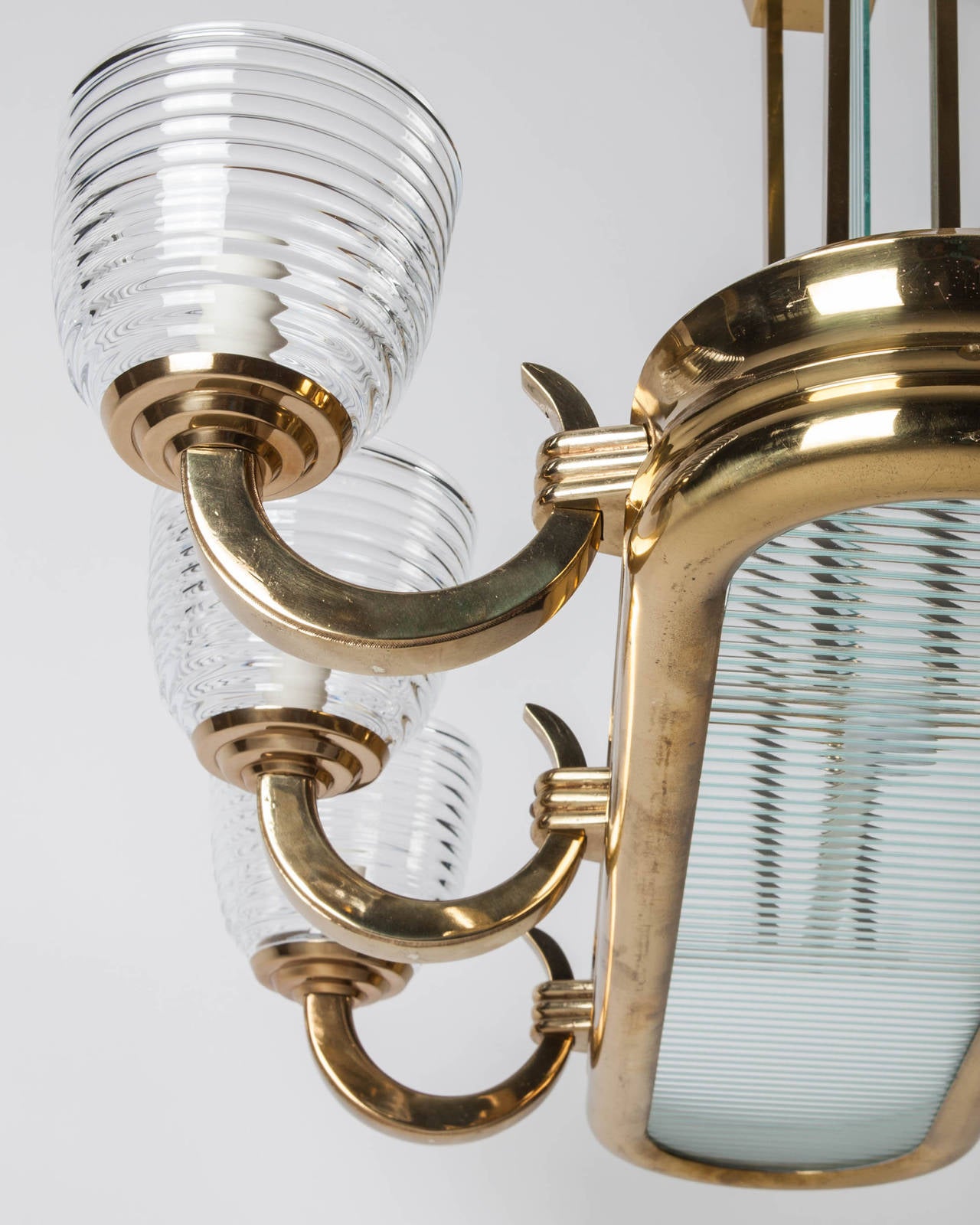 Polished Art Deco Linear Chandelier in Solid Brass with Six Arms & Handblown Glass Shades For Sale