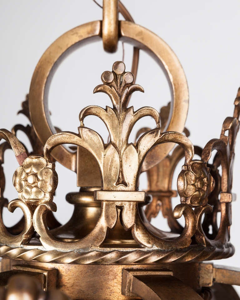 American Renaissance Style Bronze Hexagonal Lantern with Fleur-de-Lis and Foliate Details