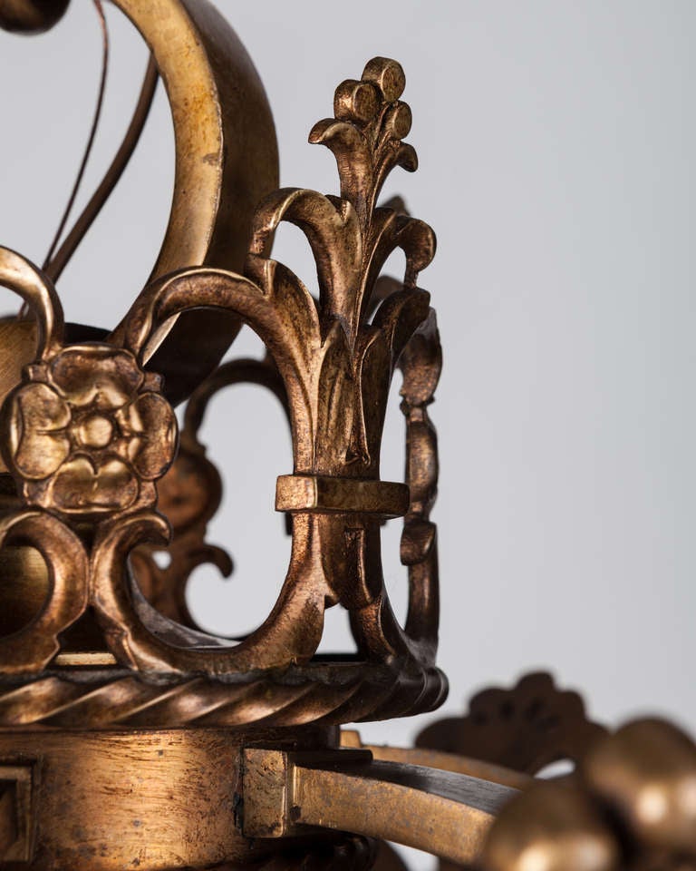 20th Century Renaissance Style Bronze Hexagonal Lantern with Fleur-de-Lis and Foliate Details
