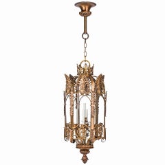 Renaissance Style Bronze Hexagonal Lantern with Fleur-de-Lis and Foliate Details