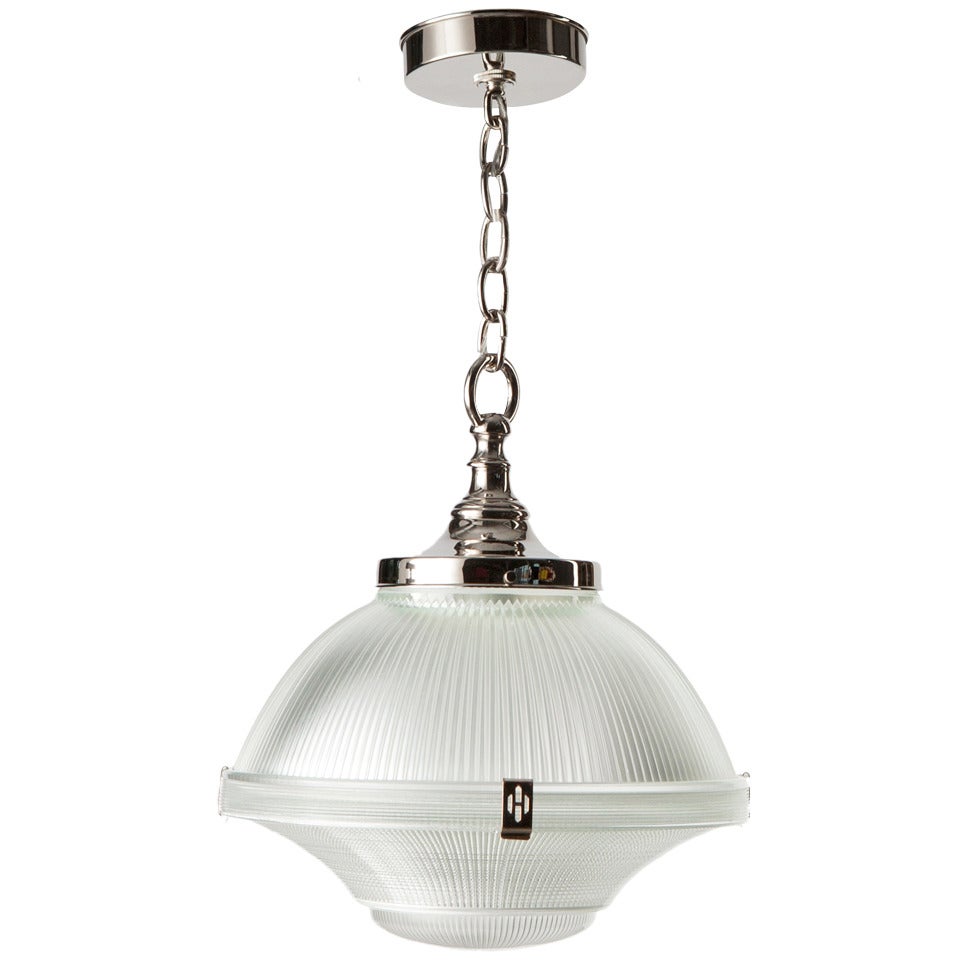 Industrial Holophane Glass Pendant with Decorative Clips and Original Diffuser For Sale