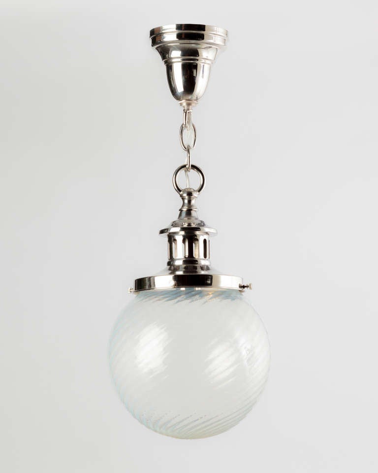 American A Vintage Swirled Opalescent Glass Pendant on Industrial Nickel Fittings c. 1900 For Sale