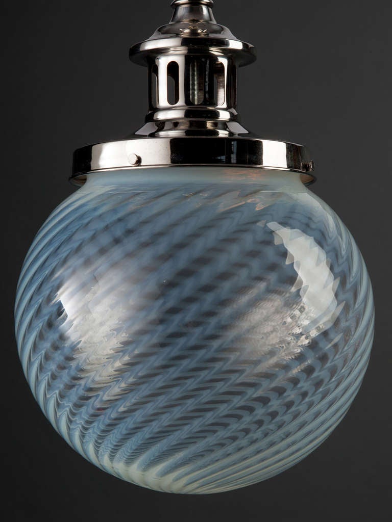 A Vintage Swirled Opalescent Glass Pendant on Industrial Nickel Fittings c. 1900 In Good Condition For Sale In New York, NY