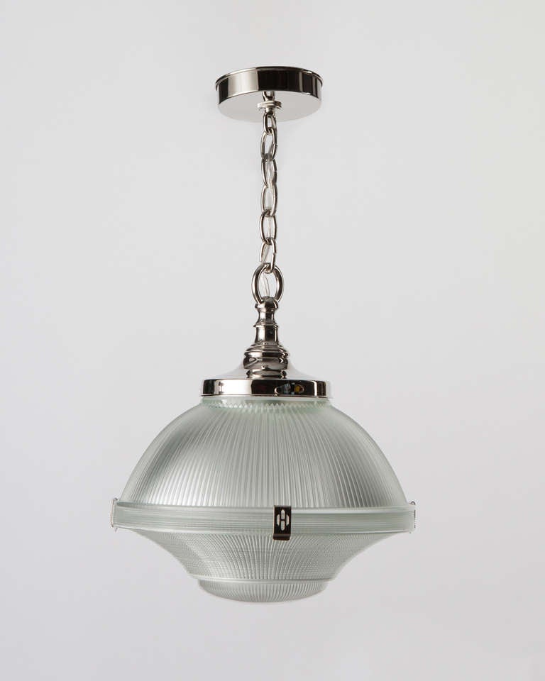 Industrial Holophane Glass Pendant with Decorative Clips and Original Diffuser In Good Condition For Sale In New York, NY