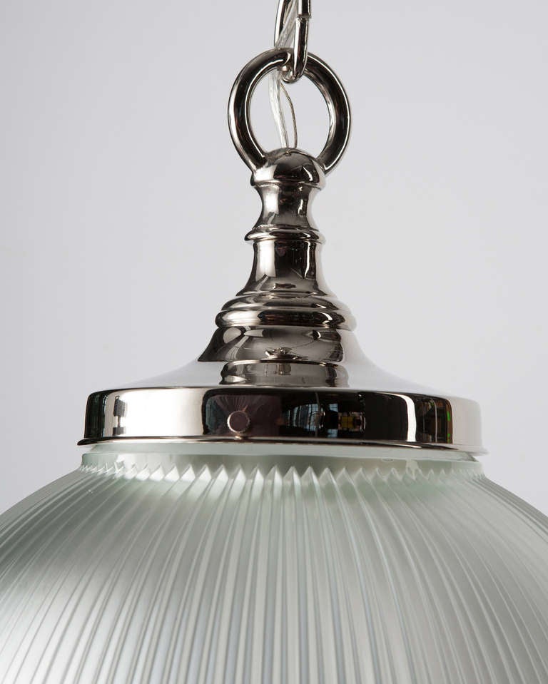 American Industrial Holophane Glass Pendant with Decorative Clips and Original Diffuser For Sale