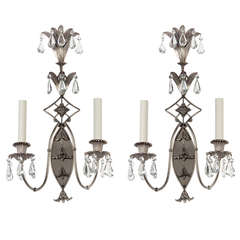Pair of Antique Nickel Sconces with Glass Prisms