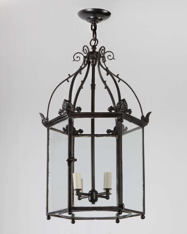AHL3835

Circa 1900

A four-light hexagonal lantern with delicate scrollwork in a black enameled finish. Due to the antique nature of this fixture, there may be some nicks or imperfections in the glass.

Dimensions:
Current height: 64-1/2