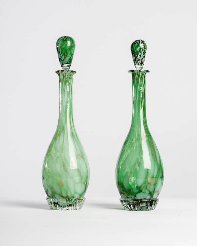 A Pair of Venetian Decanters in White, Green, and Gold-flecked Cased Glass