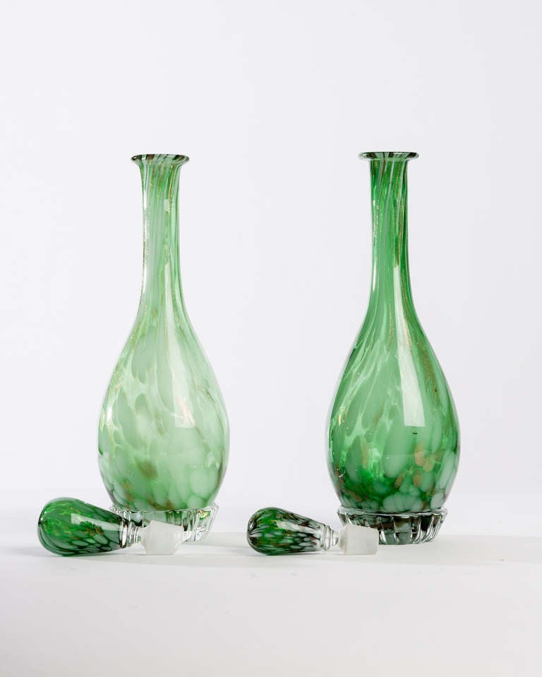 Italian A Pair of Venetian Decanters in White, Green, and Gold-flecked Cased Glass