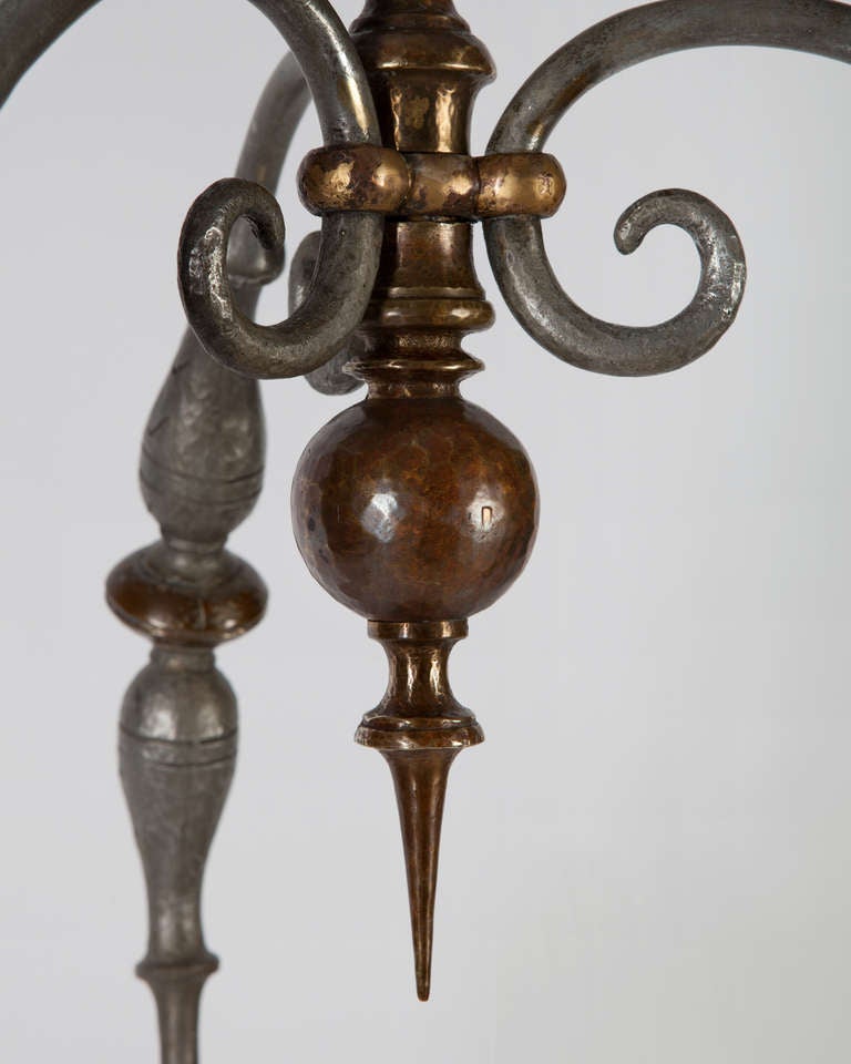 Wrought Bronze and Nickel Hoop Chandelier with Scrolls and Fleurs-de-Lis c. 1920 In Good Condition In New York, NY