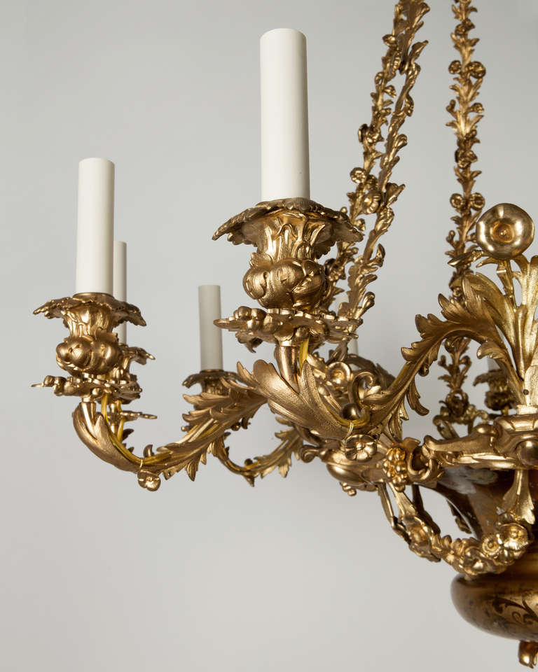 Gilt 1850s Cast Brass Foliate Chandelier with Original Gilding & Hand Painted Flowers For Sale