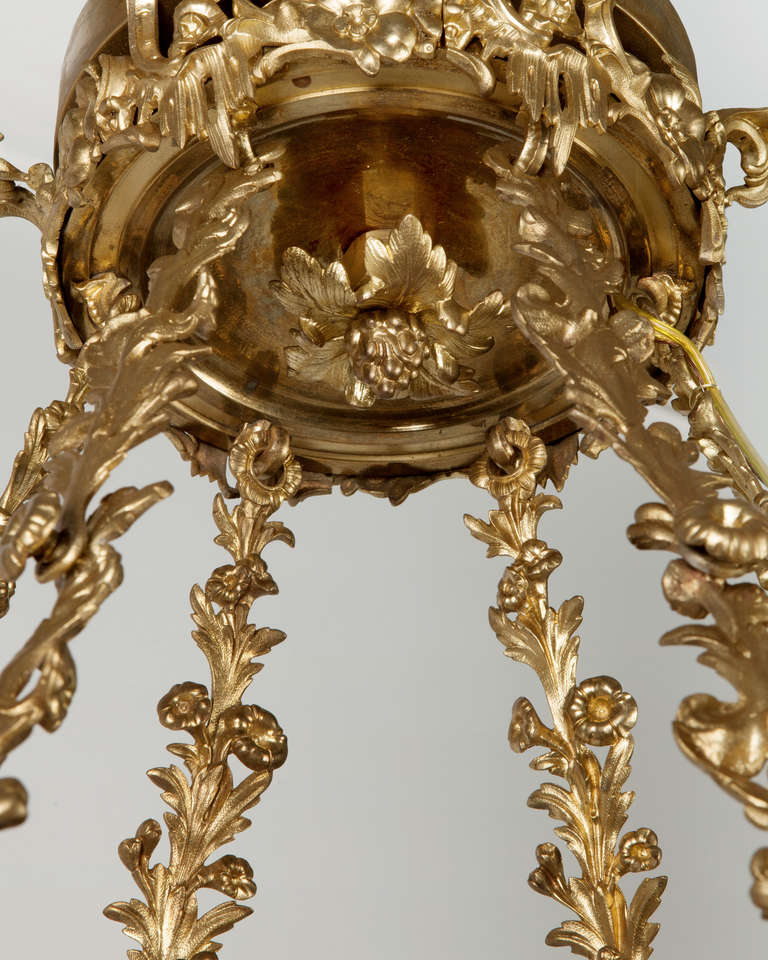 1850s Cast Brass Foliate Chandelier with Original Gilding & Hand Painted Flowers In Good Condition For Sale In New York, NY