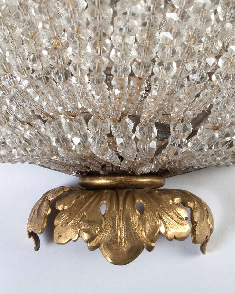 Gilded Brass Sconces with Cut Crystal Beaded Half Dome Bodies, Circa 1920s In Good Condition For Sale In New York, NY