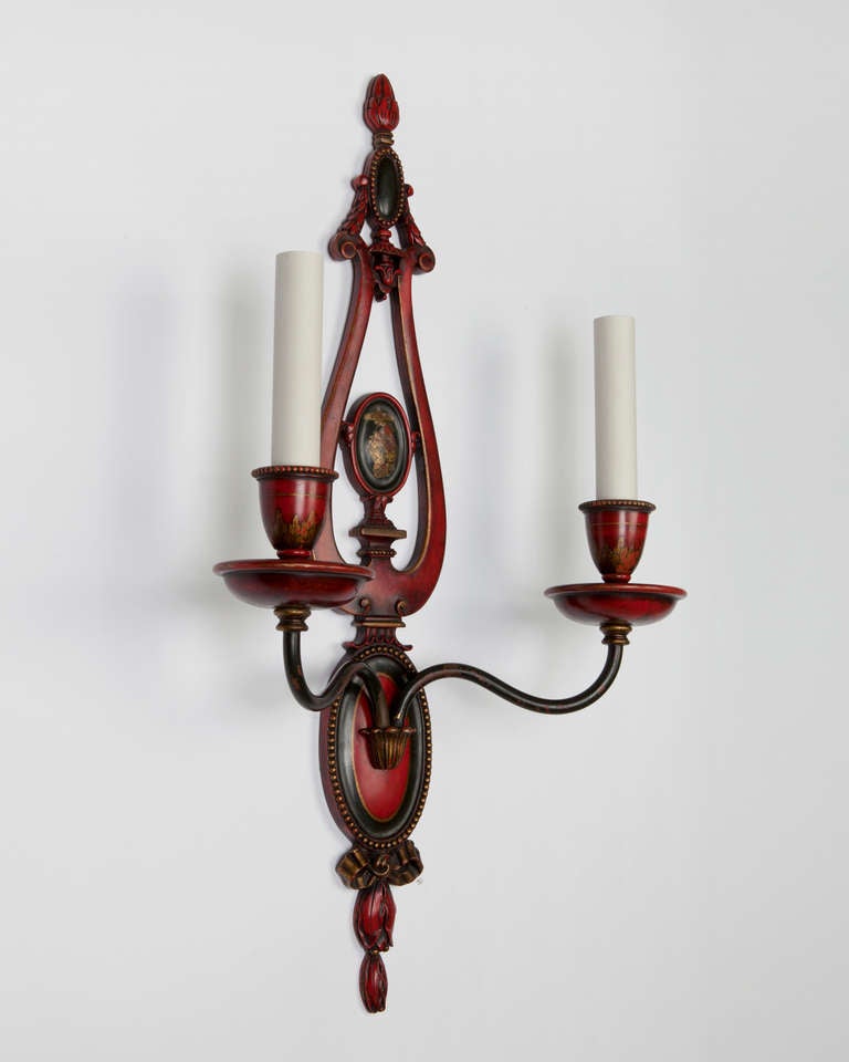 American Red Hand Painted Chinoiserie Sconces with Two Arms by E. F. Caldwell Co. 1910s For Sale