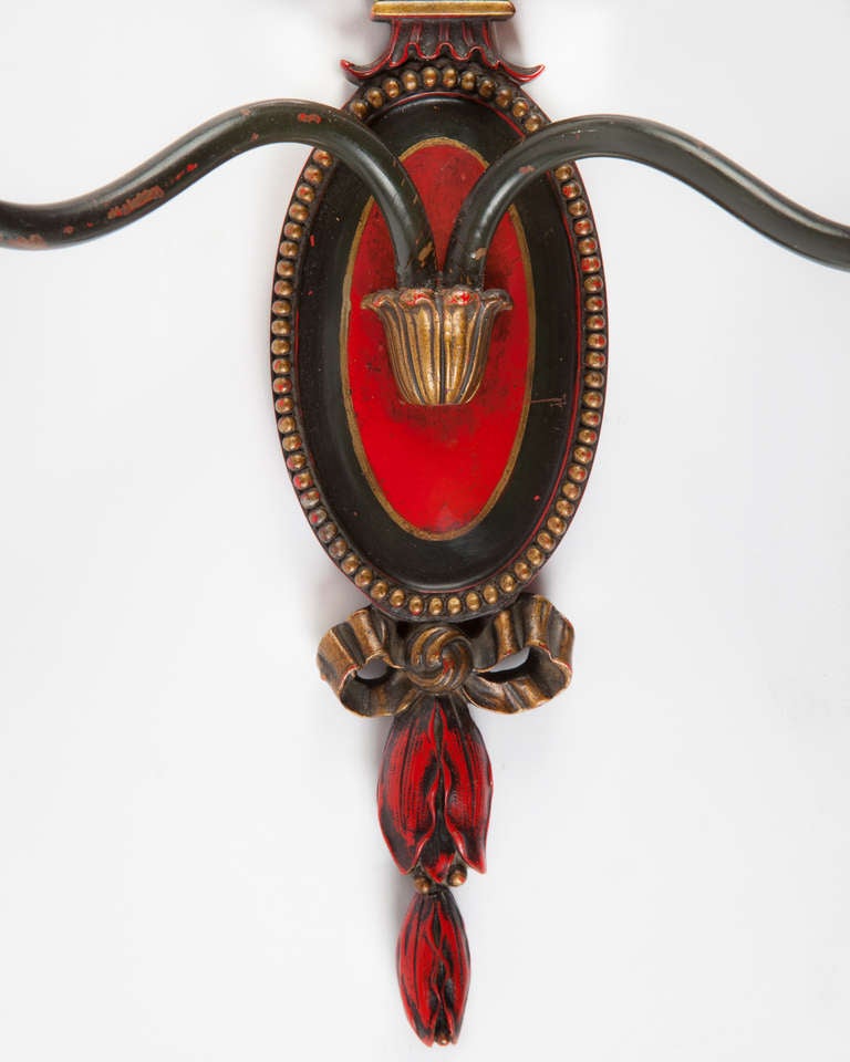 Hand-Painted Red Hand Painted Chinoiserie Sconces with Two Arms by E. F. Caldwell Co. 1910s For Sale