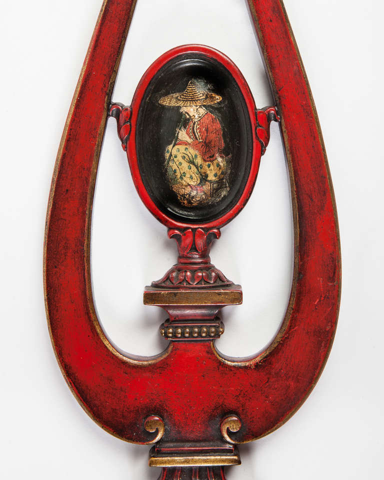Brass Red Hand Painted Chinoiserie Sconces with Two Arms by E. F. Caldwell Co. 1910s For Sale