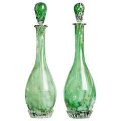 A Pair of Venetian Decanters in White, Green, and Gold-flecked Cased Glass