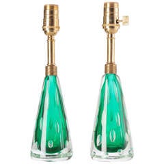 A Pair Of Petite Green Glass Lamps