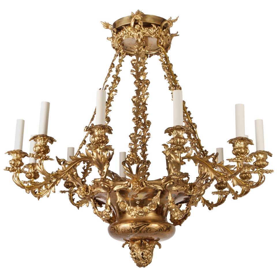 1850s Cast Brass Foliate Chandelier with Original Gilding & Hand Painted Flowers For Sale