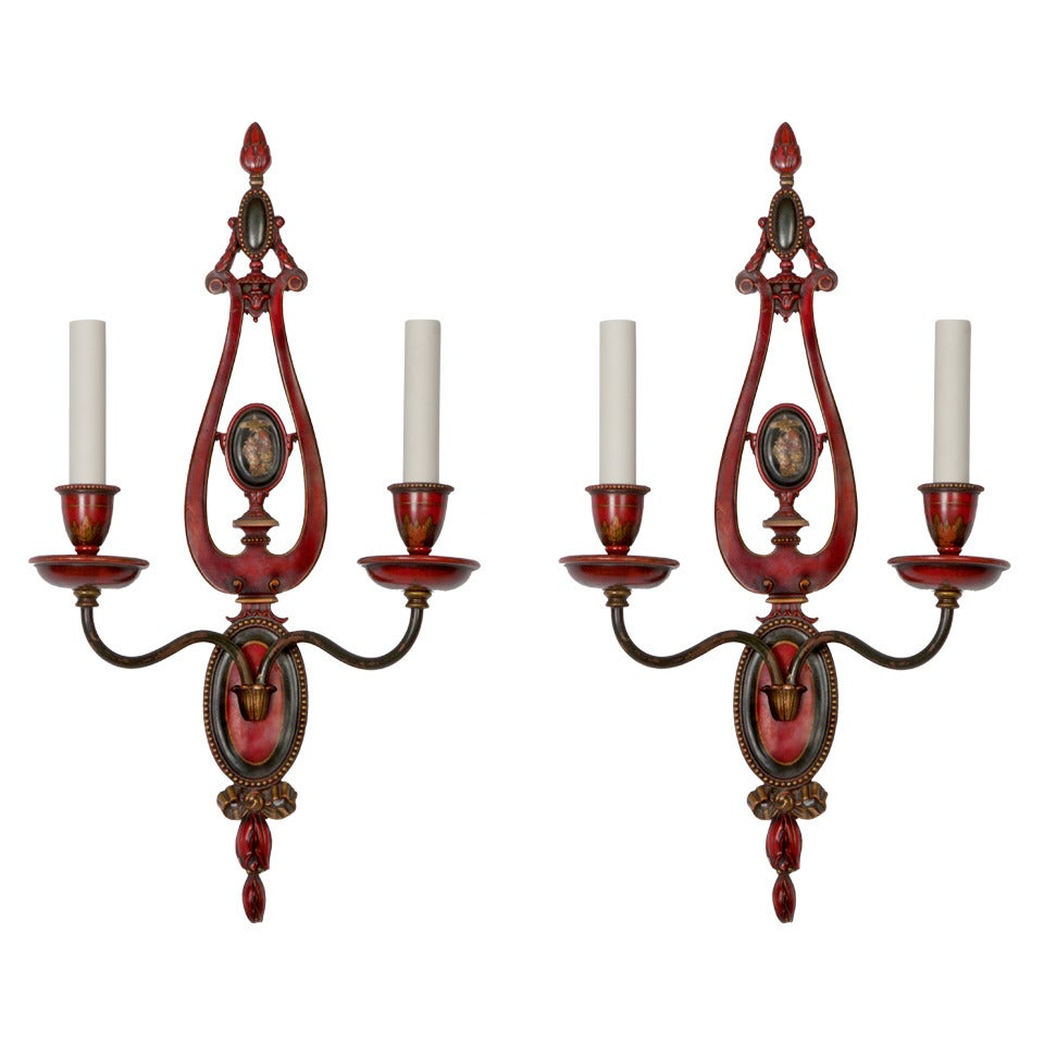 Red Hand Painted Chinoiserie Sconces with Two Arms by E. F. Caldwell Co. 1910s For Sale