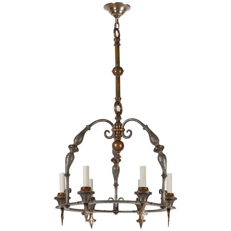 Weathered Nickel and Brass Hoop Chandelier For Sale at 1stdibs