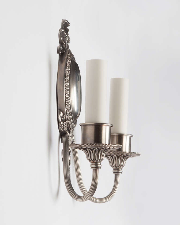 Antique Nickel Double Light Sconces By Sterling Bronze Co. In Excellent Condition In New York, NY