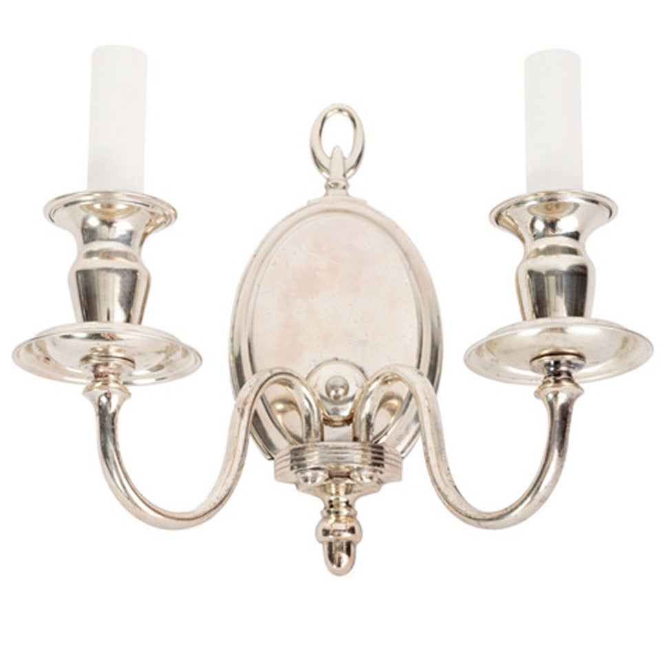 Two Arm Silver Plate Sconce with an Oval Backplate, Circa 1900 For Sale