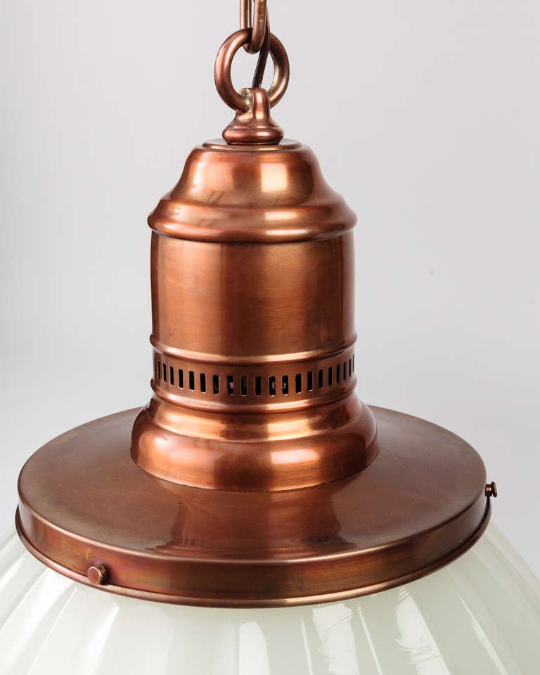 American Copper Pendant with Pierced Details and Fluted Opaline Glass Globe, c. 1910s For Sale