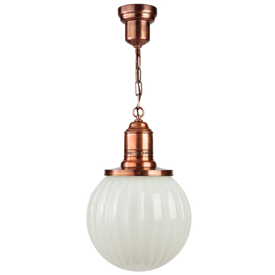 Copper Pendant with Pierced Details and Fluted Opaline Glass Globe, c. 1910s For Sale