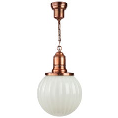 Vintage Pendant with Aged Copper Metalwork and Fluted Opaline Glass Globe