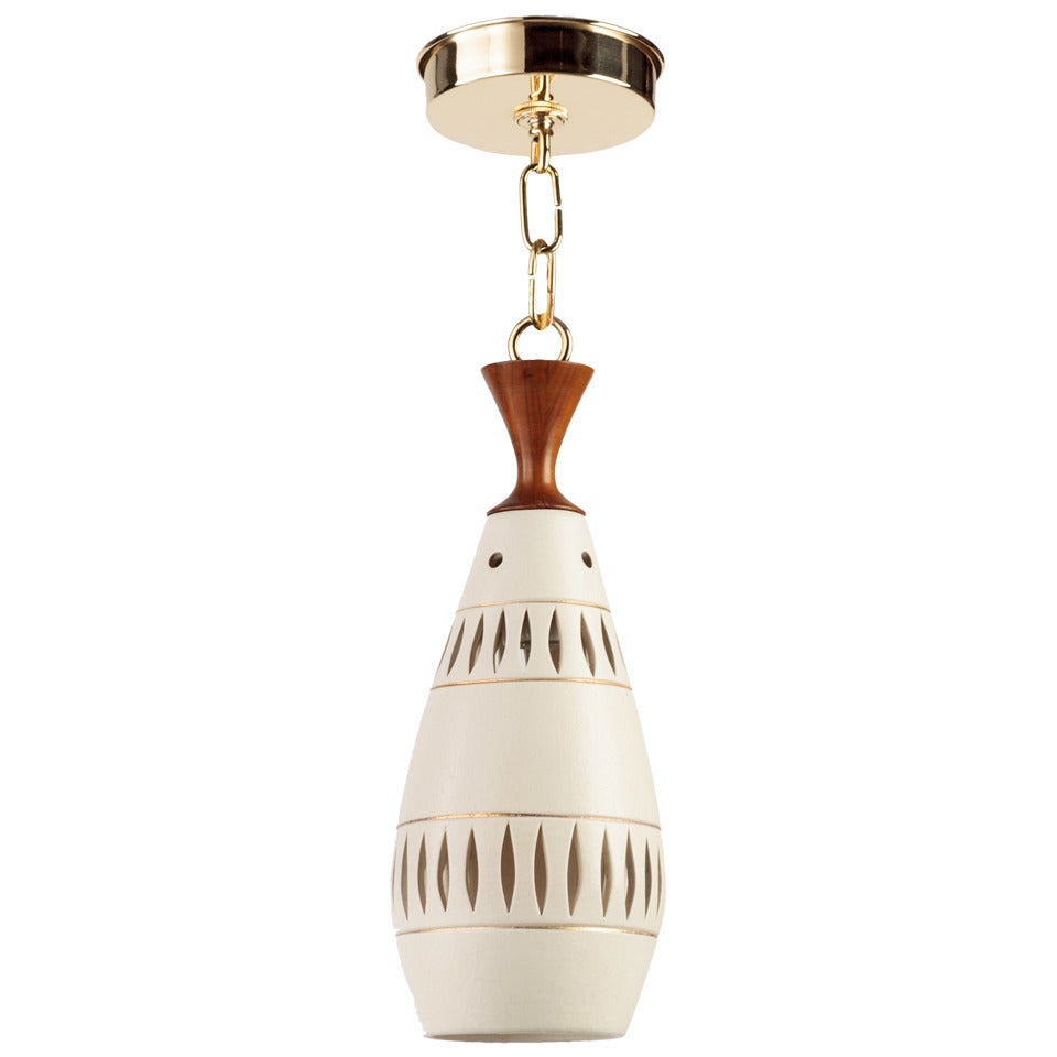 A Mid-Century Brass, Teak And Ceramic Pendant with Pierced Bands, Circa 1960s