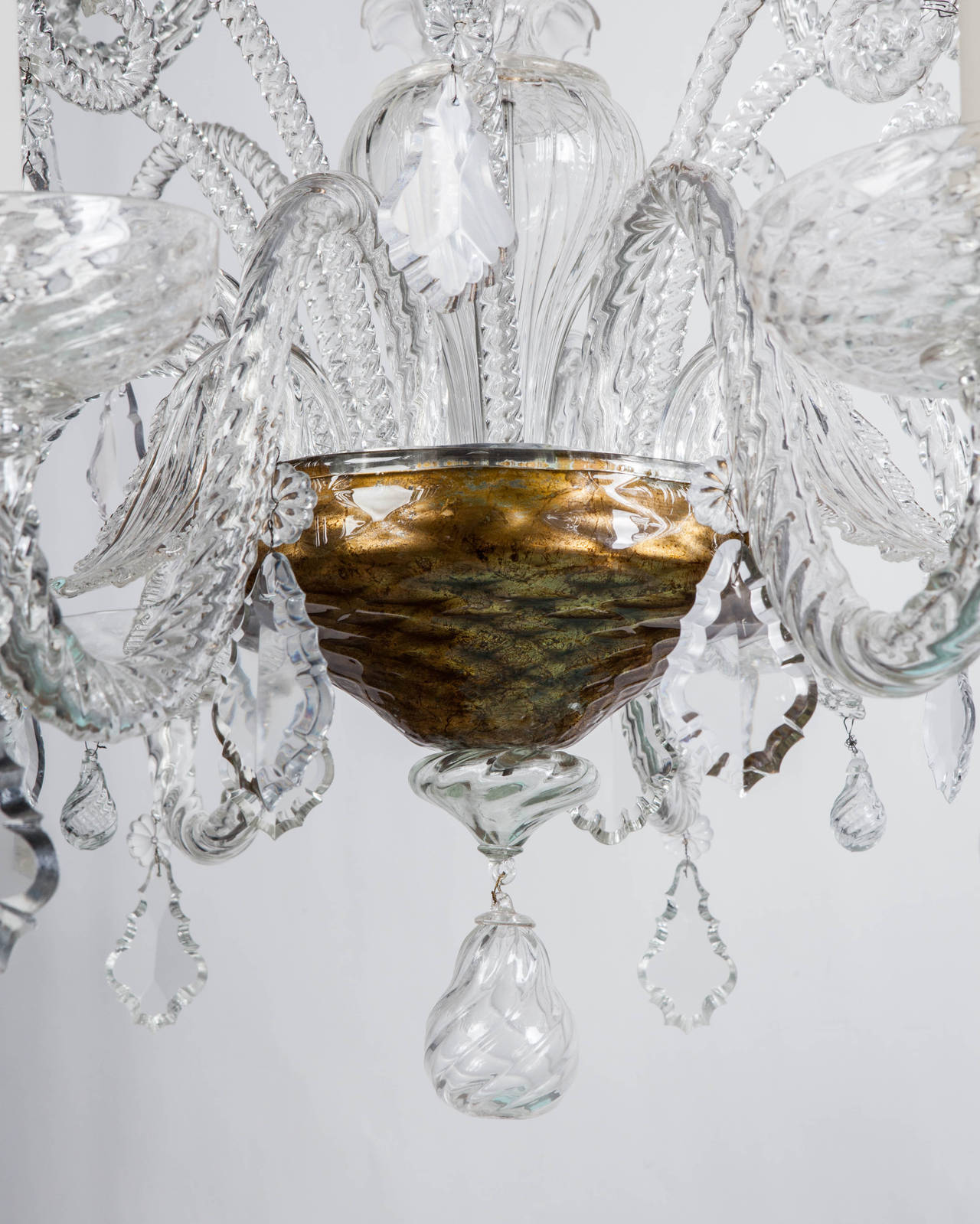 Gilt Murano Blown Glass Chandelier with Crystal Prisms