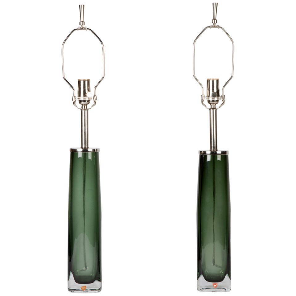 Pair of Green Glass Orrefors Table Lamps