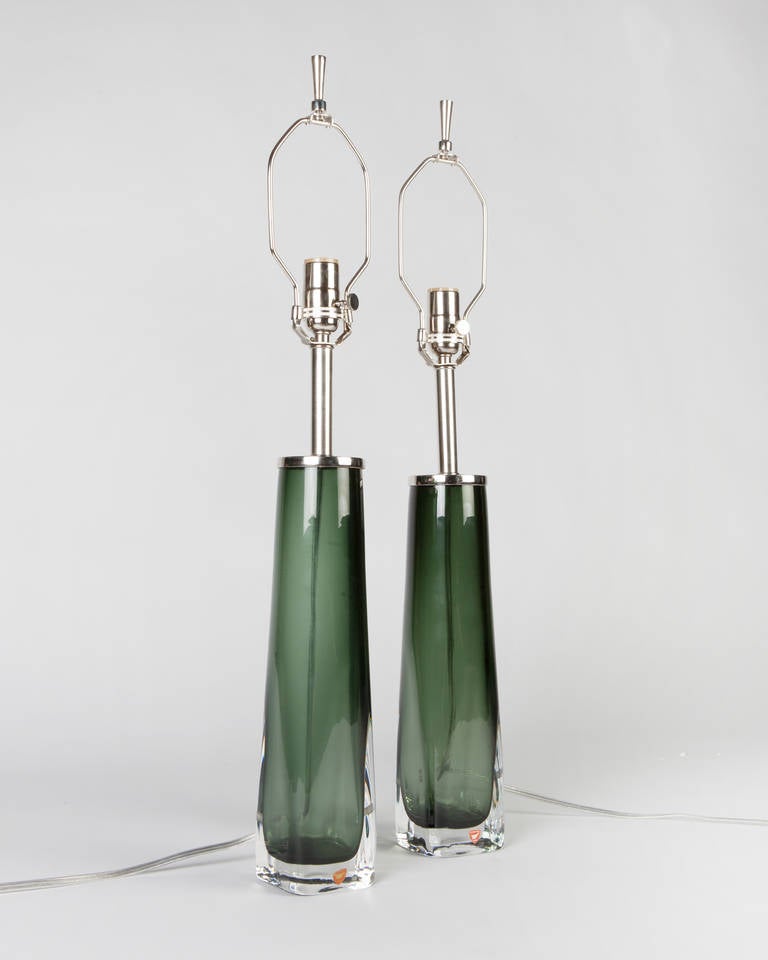 Swedish Pair of Green Glass Orrefors Table Lamps