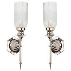 A Pair Of Hexagonal Sconces With Hurricane Glass Shades