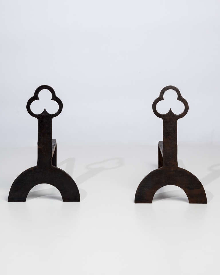 Gothic Black Wrought Iron Andirons with Trefoil Finials and Semi-Circle Legs, c. 1920s For Sale