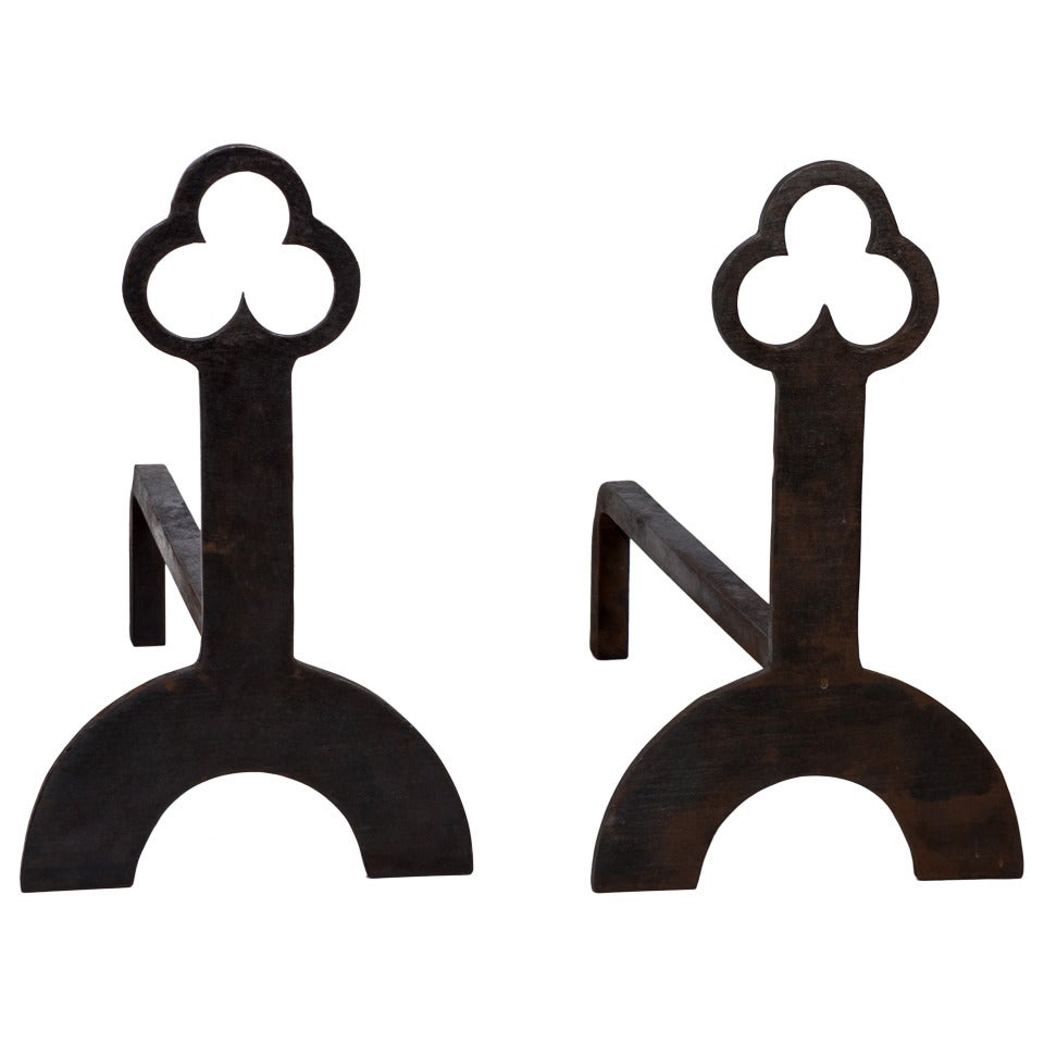 Black Wrought Iron Andirons with Trefoil Finials and Semi-Circle Legs, c. 1920s For Sale
