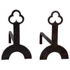 Antique Black Wrought Iron Andirons with Trefoil Finials and Semi-Circle Legs, c. 1920s