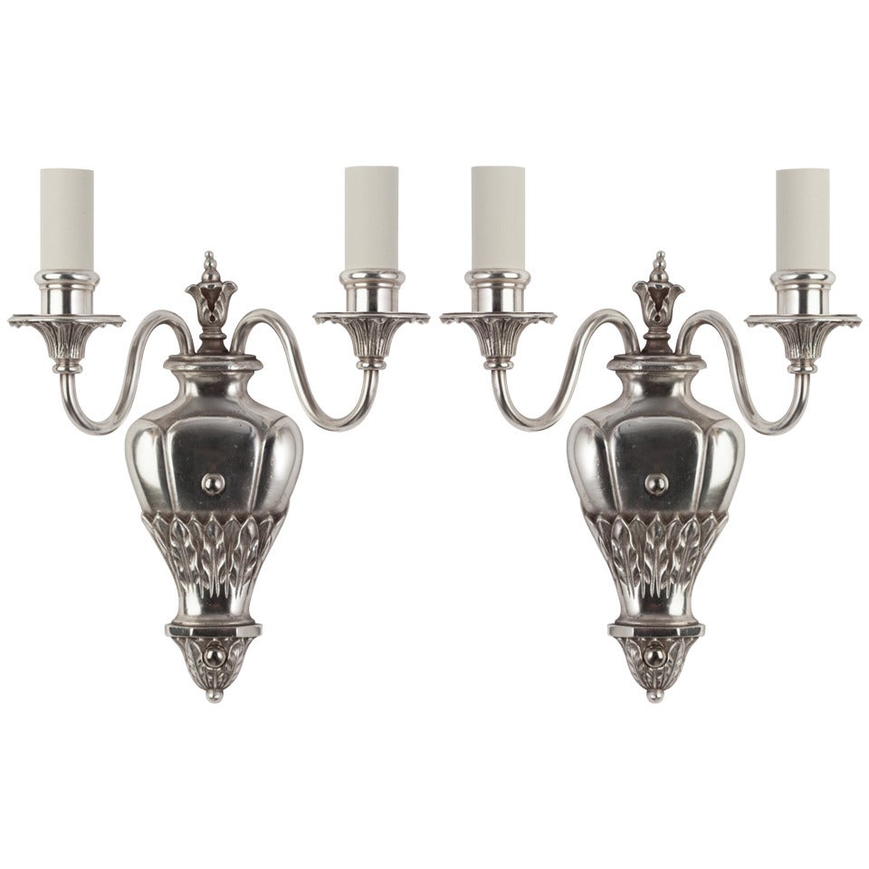 Two Arm Silverplate Sconces with Foliate Details, Circa 1920s For Sale