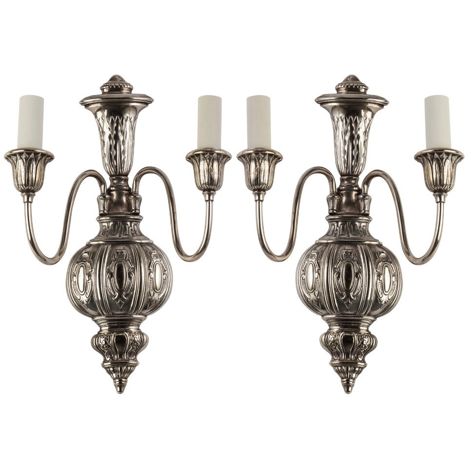 Two Arm Silverplate over Cast Bronze Sconces with Cartouche Details, Circa 1920s For Sale