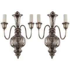 Two Arm Silverplate over Cast Bronze Sconces with Cartouche Details, Circa 1920s