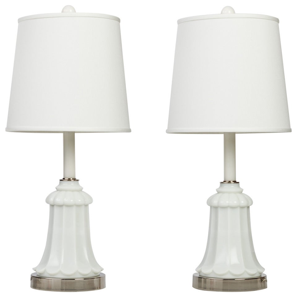 Milk Glass Table Lamps with Polished Nickel Fittings, Circa 1950s