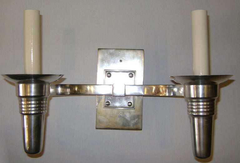 Mid-20th Century Set of Eight Moderne Silver Plated Sconces For Sale