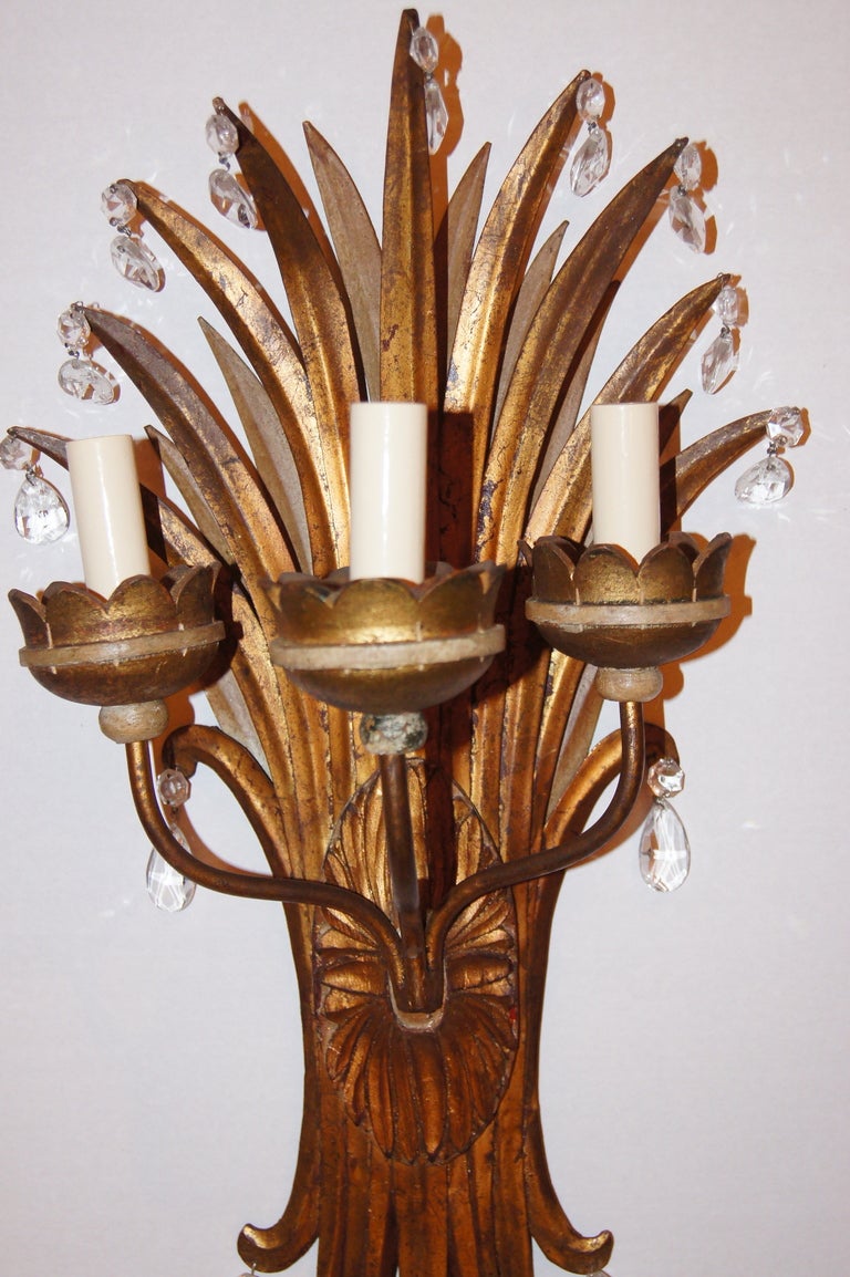 Mid-20th Century Gilt Metal Palm Sconces with Crystal Drops