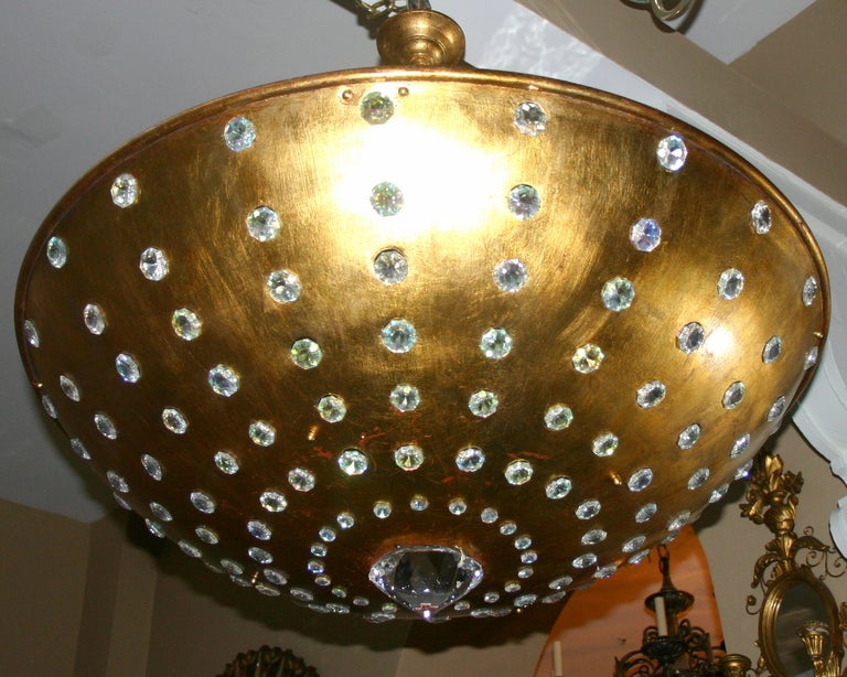 French Pair of Gilt Metal Light Fixtures with Crystals