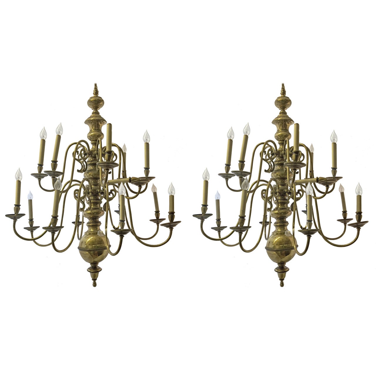 Pair of Large Dutch Brass Chandeliers, Sold Individually